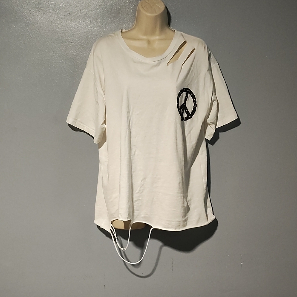 White Distressed T-Shirt with Peace Sign